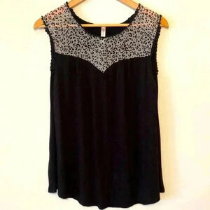 Emerald Black/Animal Print Mesh Panel Sleeveless Top Crochet Detail